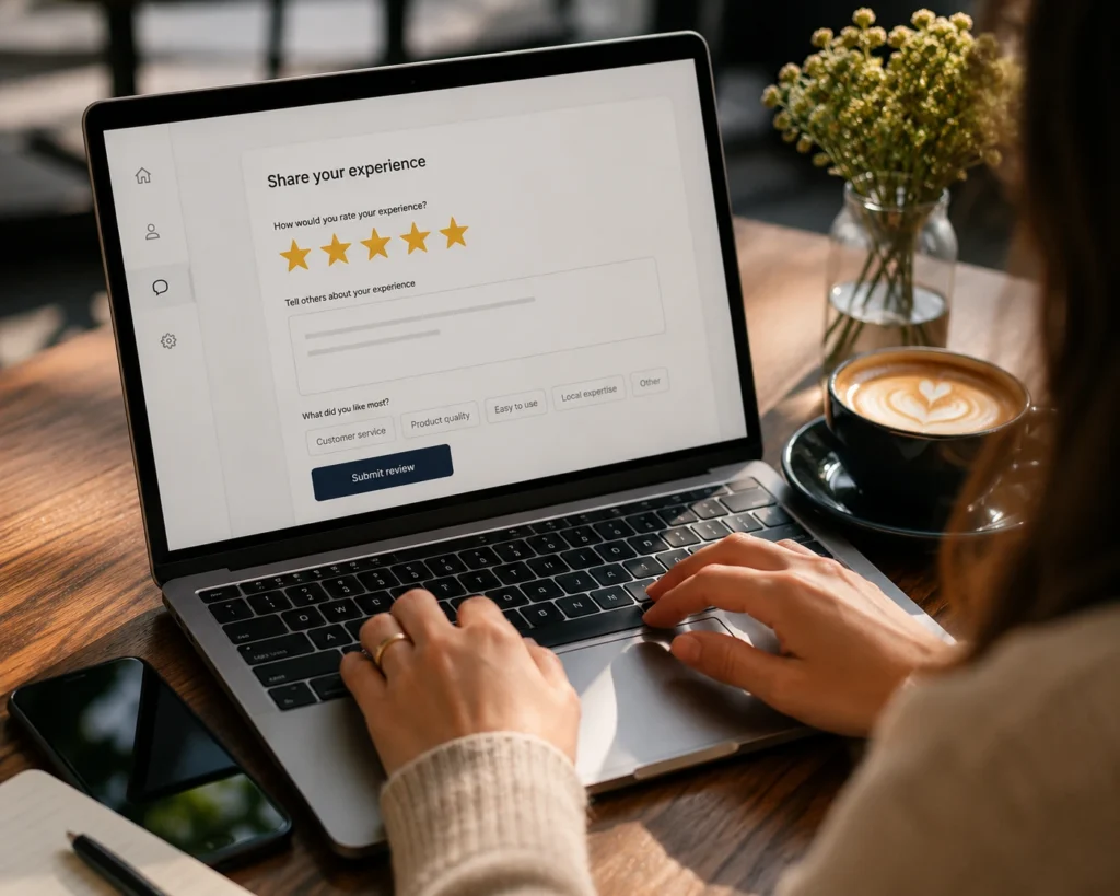 Community Bank Marketing: 10 Strategies for Growth Customer leaving a positive online review after a successful banking experience