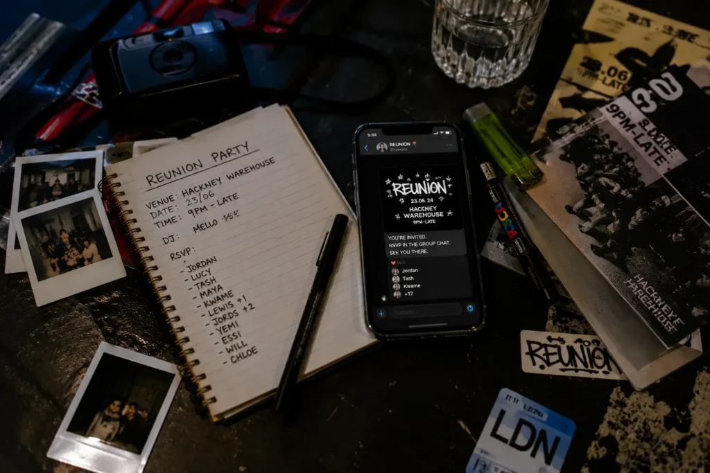 Dark Social & the Cosy Web: Youth Culture's New Home Notebook, event invitations and a smartphone with a private group chat, representing dark social and youth communities