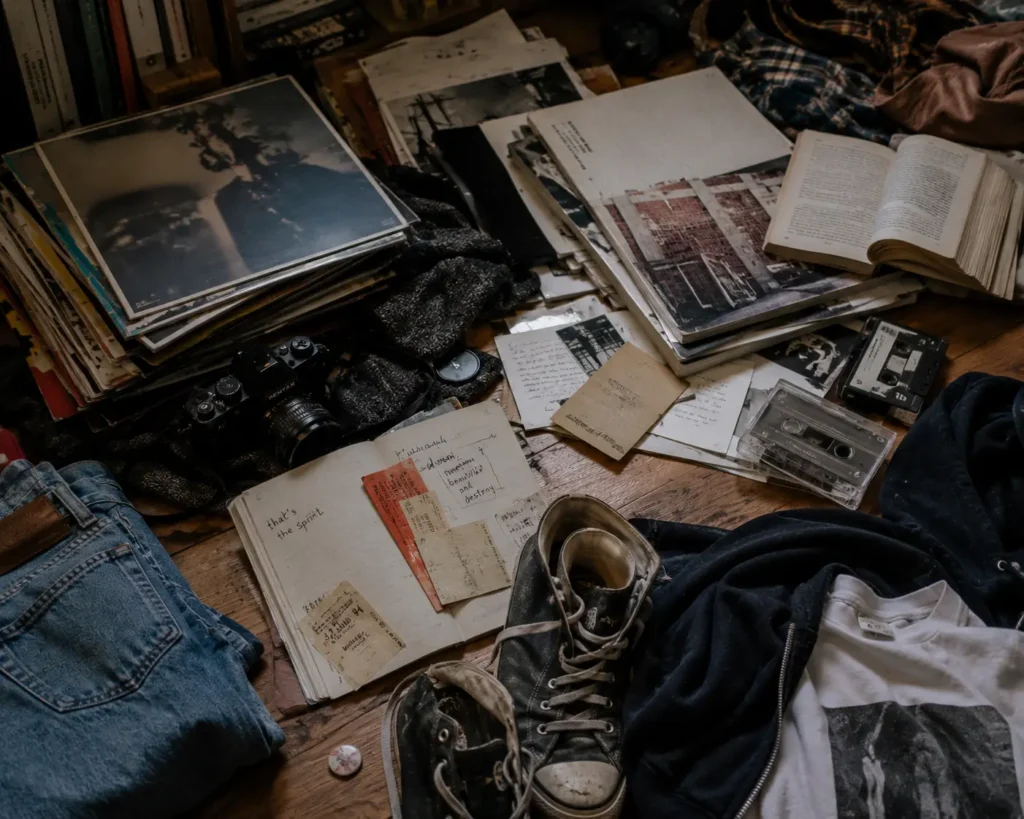 What Is Culture Marketing? (and Why Most Brands Get It Wrong) A lived-in bedroom floor scattered with vinyl records, books, handwritten notes, a vintage film camera, worn trainers, folded denim and casual clothing, creating an authentic snapshot of years of collected interests, creative hobbies and everyday life.