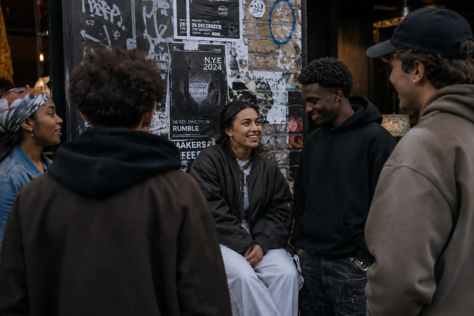 Diverse group of young adults in streetwear socialising outside an urban venue in London.